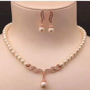 3 pc set necklace + earrings inlaid rhinestones pearl accents gold brand new